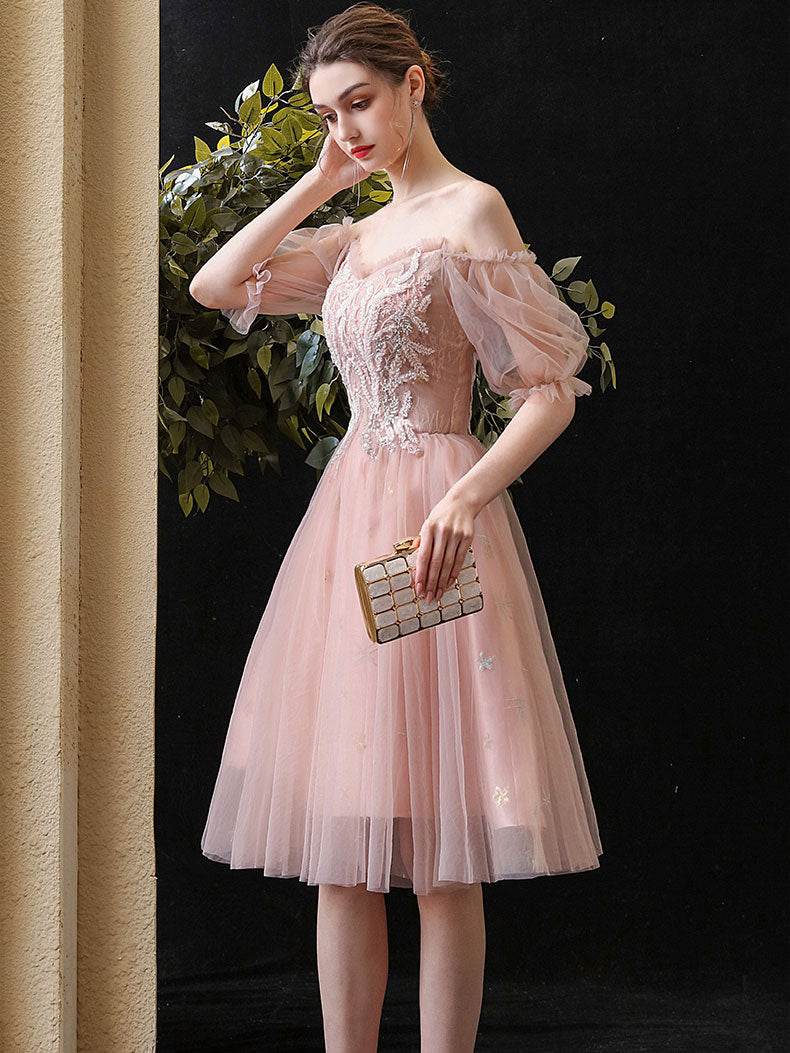 Pink Sweetheart Neck Tulle Lace Short Prom Dress, Pink Lace Homecoming Dress