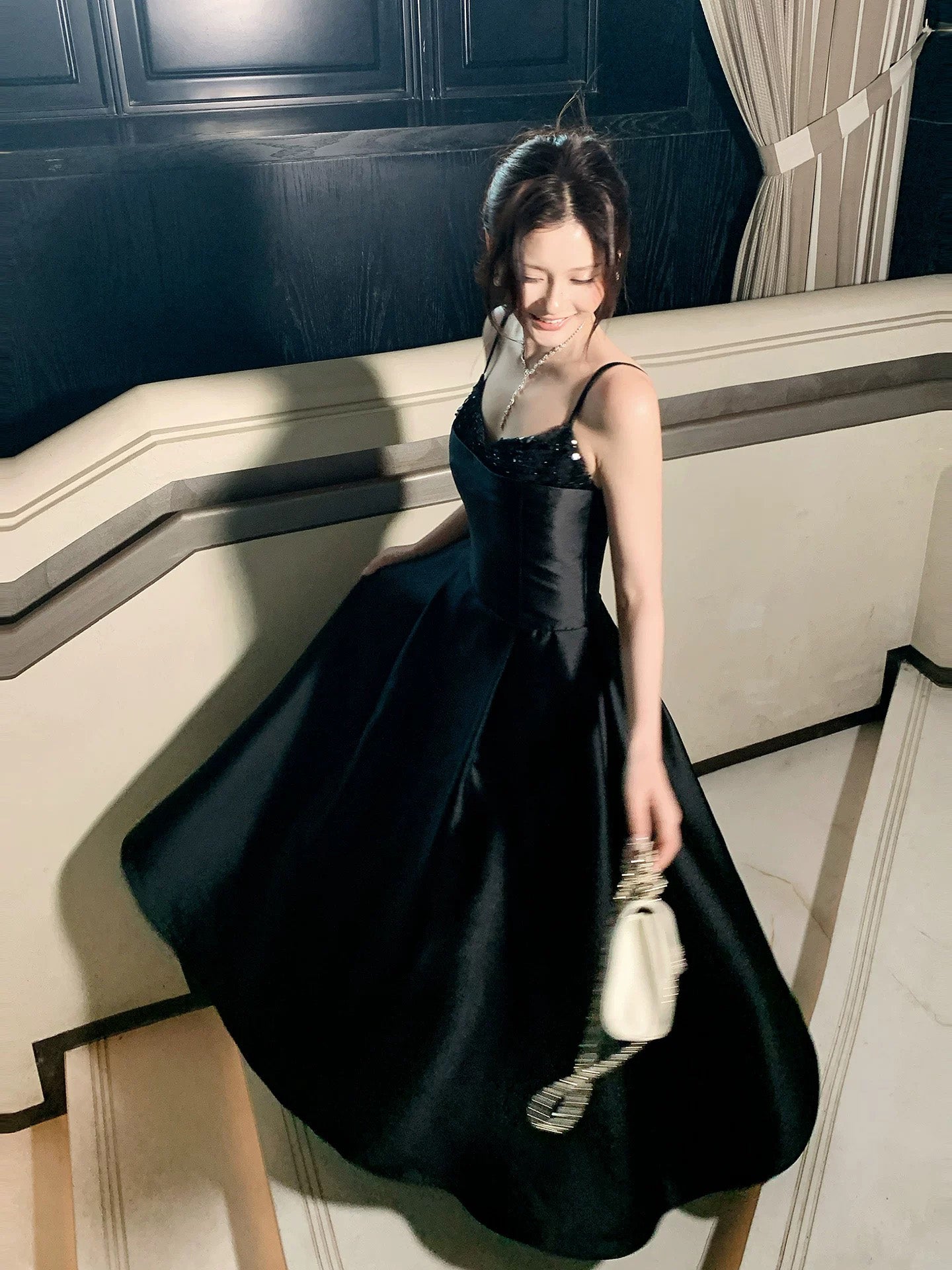 A-Line V Neck Satin Floor Length Black Prom Dress