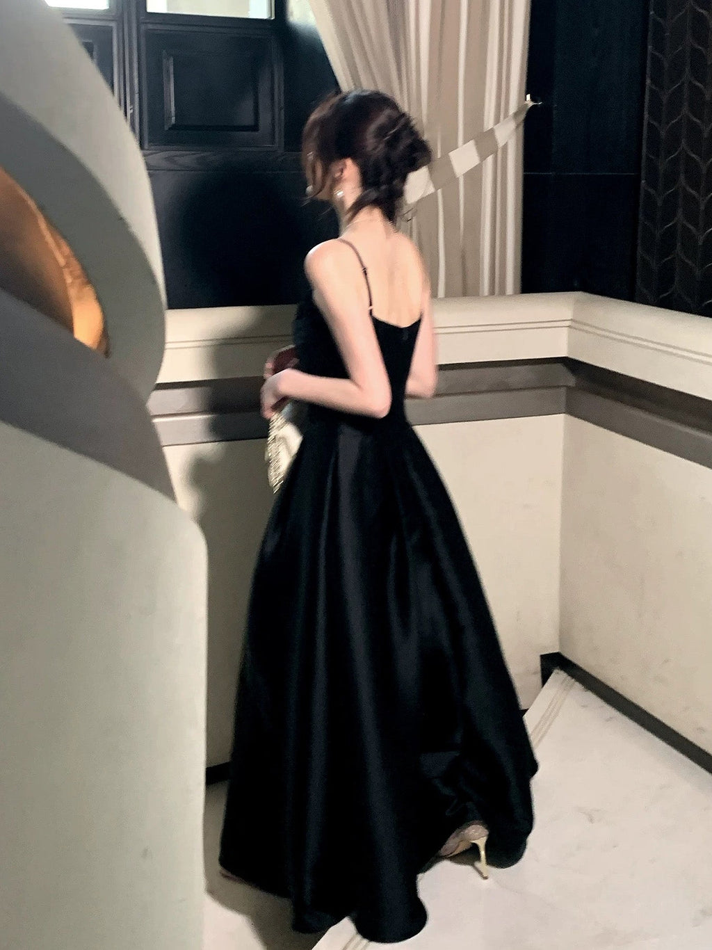 A-Line V Neck Satin Floor Length Black Prom Dress