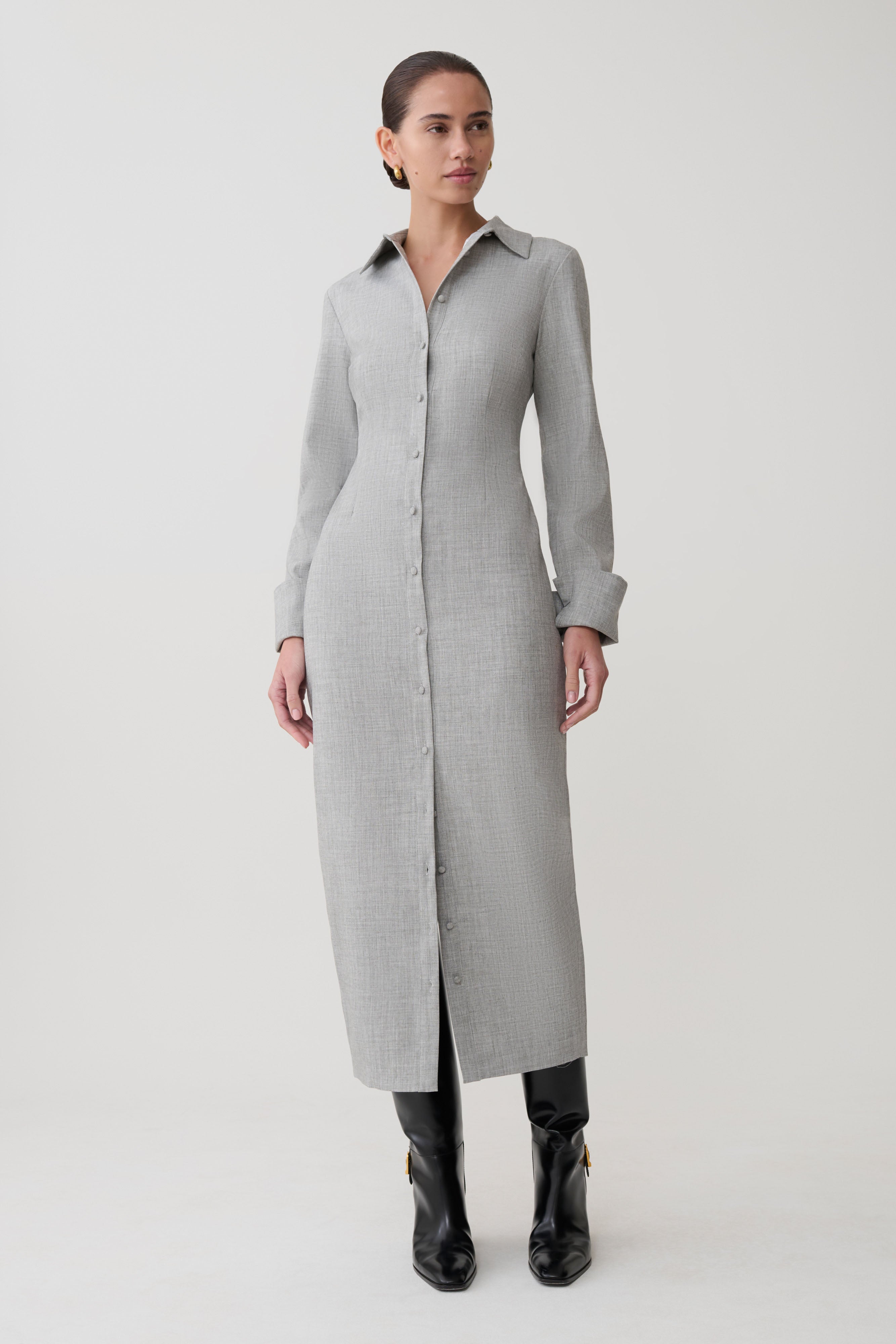 Dorian Fitted Shirt Midi Dress - Charcoal Marle