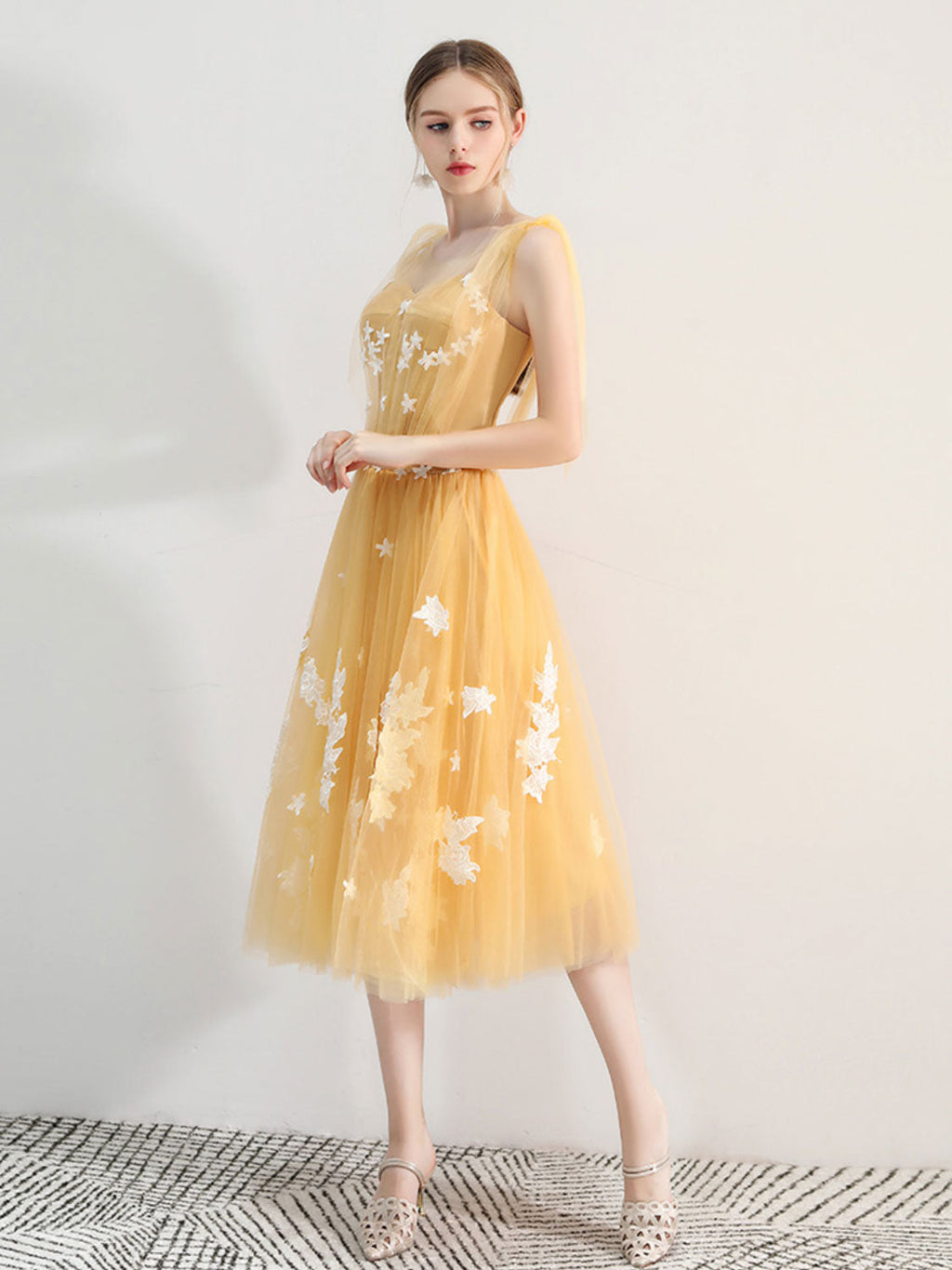 A-Line Yellow Tulle lace Short Prom Dress, Yellow Homecoming Dress