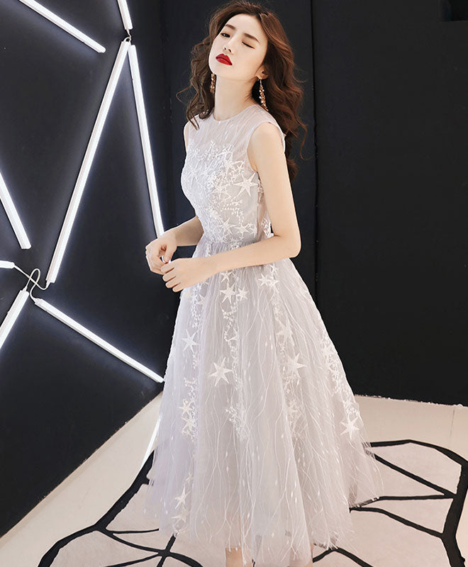 Gray Tulle Lace Short Prom Dress, Gray Homecoming Dress