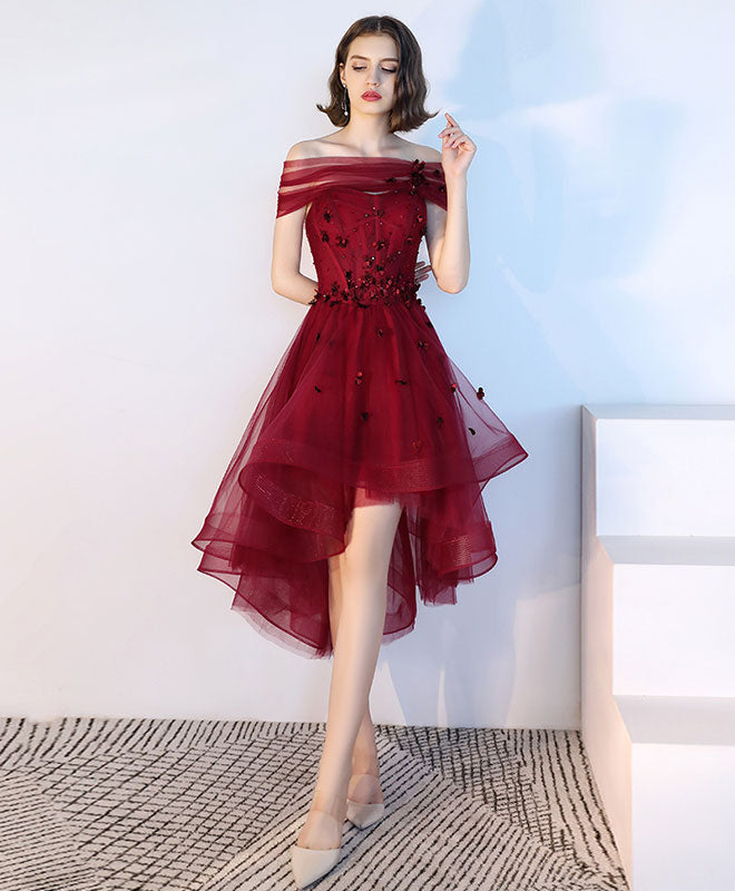 Burgundy Tulle Lace Short Prom Dress, Burgundy Tulle Evening Dress