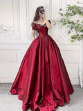A-Line Off Shoulder Burgundy Long Prom Dress, Burgundy Long Formal Dress
