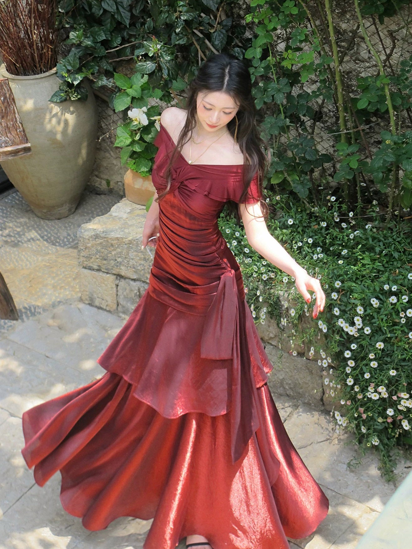 Mermaid Off Shoulder Silk Floor Length Burgundy Prom Dress, Burgundy Party Dress