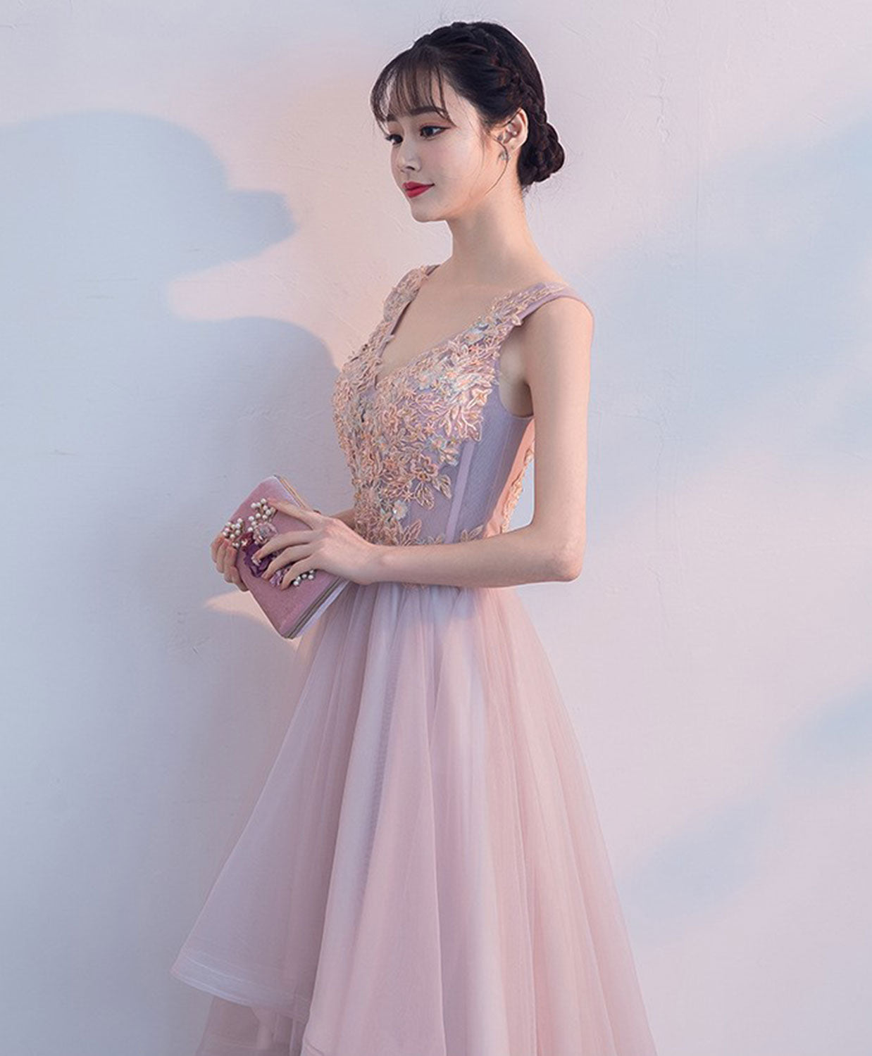 Cute V Neck Light Pink Tulle Lace Prom Dress, Tulle Evening Dress