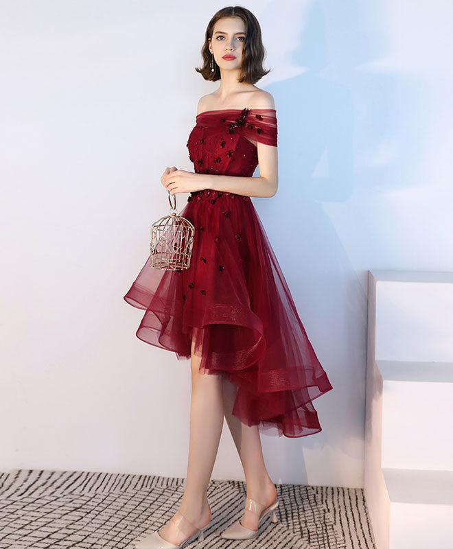 Burgundy Tulle Lace Short Prom Dress, Burgundy Tulle Evening Dress