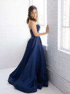 Simple A-Line Satin Dark Blue Long Prom Dress with Bow