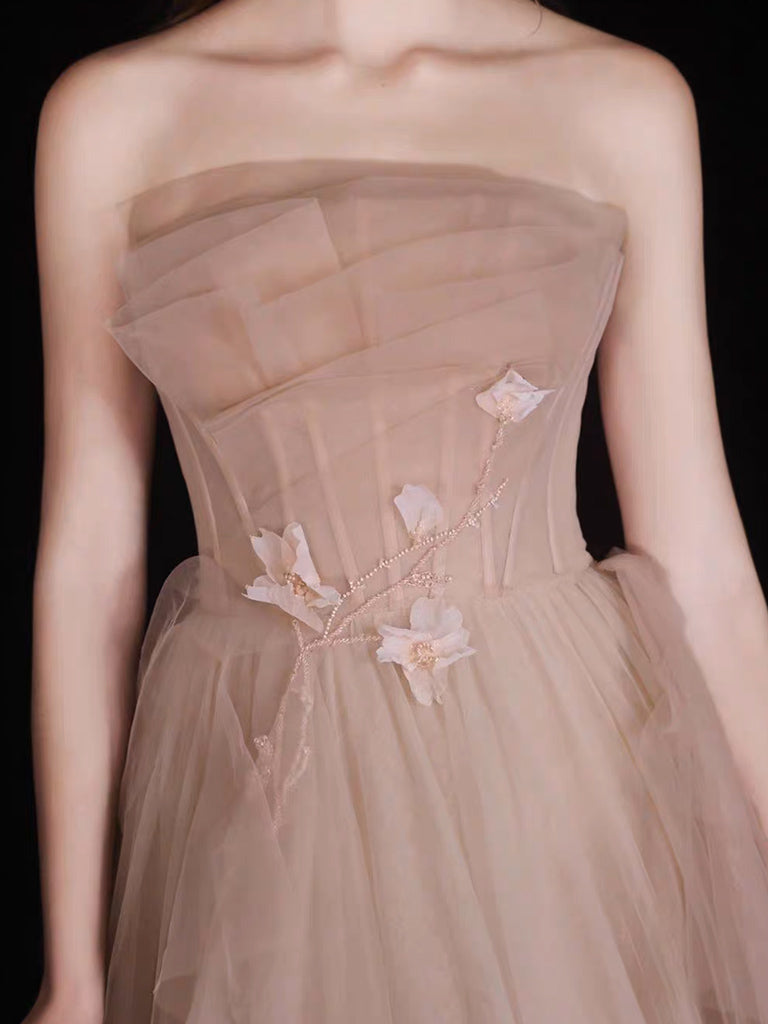 Champagne A-Line Tulle Long Prom Dress, Champagne Long Formal Dress
