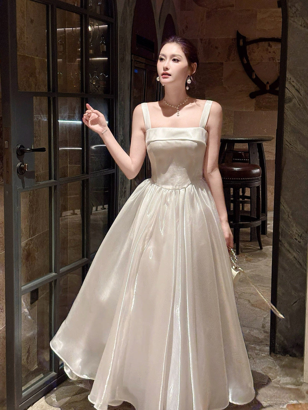 A-Line Floor Length White Prom Dress With Bow Tie