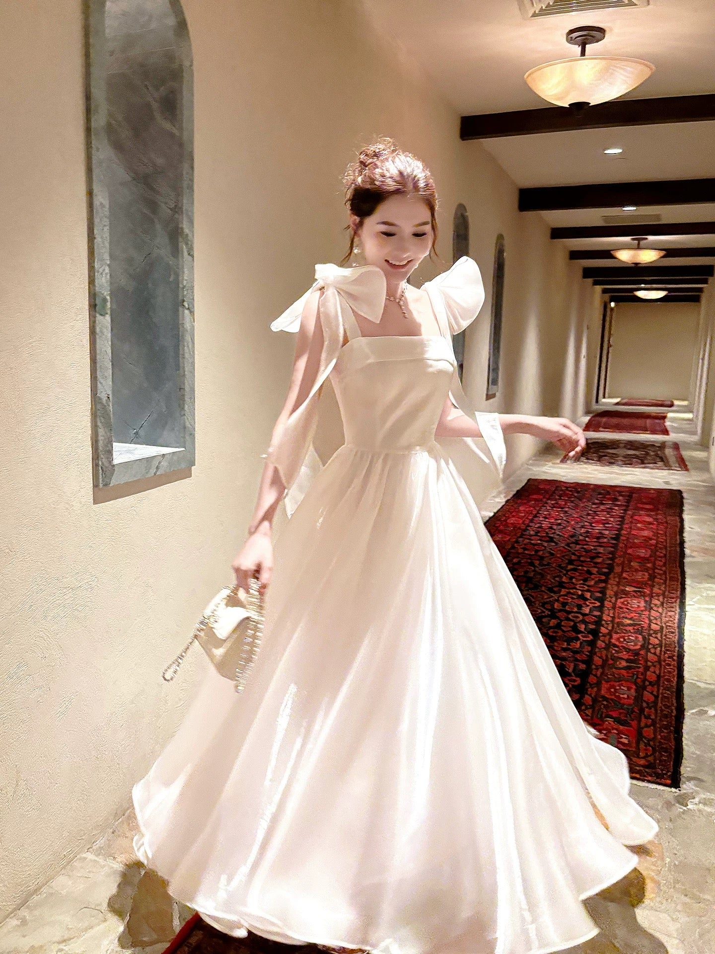 A-Line Floor Length White Prom Dress With Bow Tie