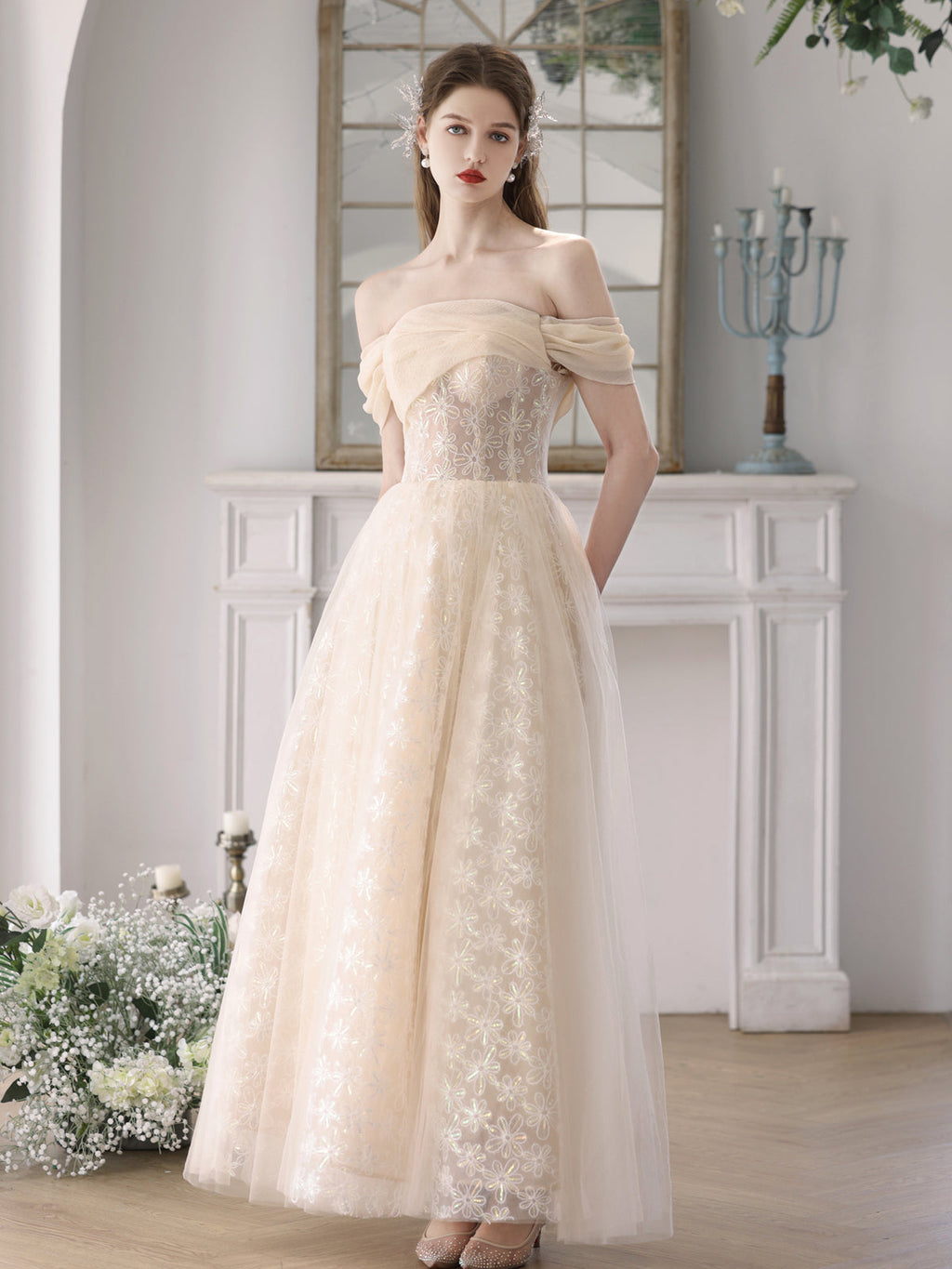 Champagne A-Line Tulle Lace Long Prom Dress, Champagne Formal Dress