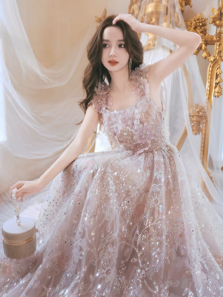 A-Line Tulle Lace Pink Long Prom Dress, Lace Pink Long Evening Dress