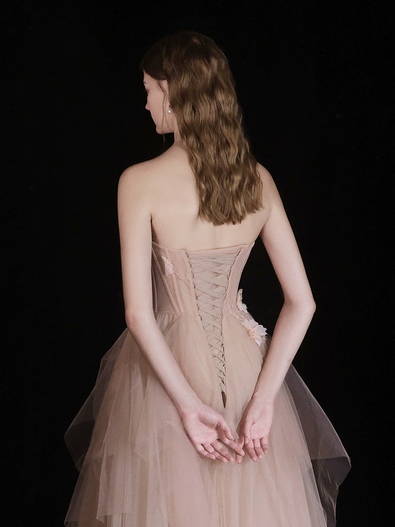 Champagne A-Line Tulle Long Prom Dress, Champagne Long Formal Dress